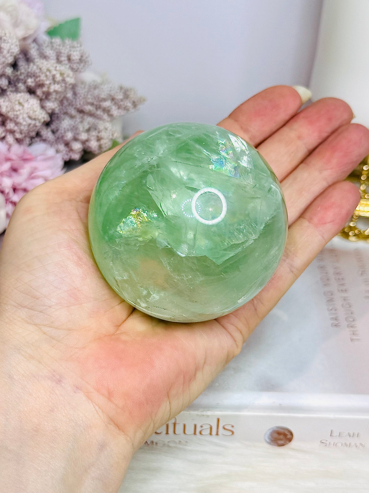 Large Green Fluorite Sphere Full of Rainbows On Stand 478g