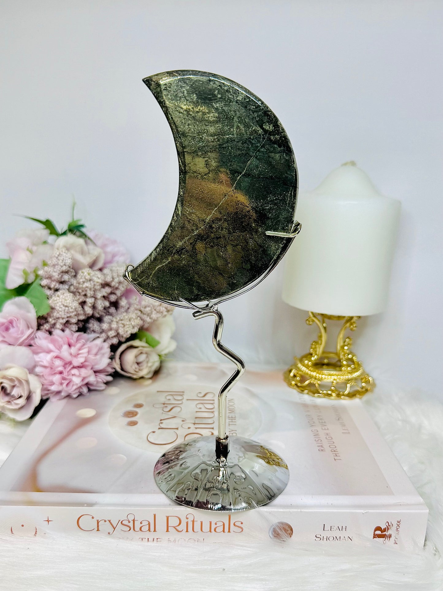 Large Pyrite Carved Moon on Stand 19cm