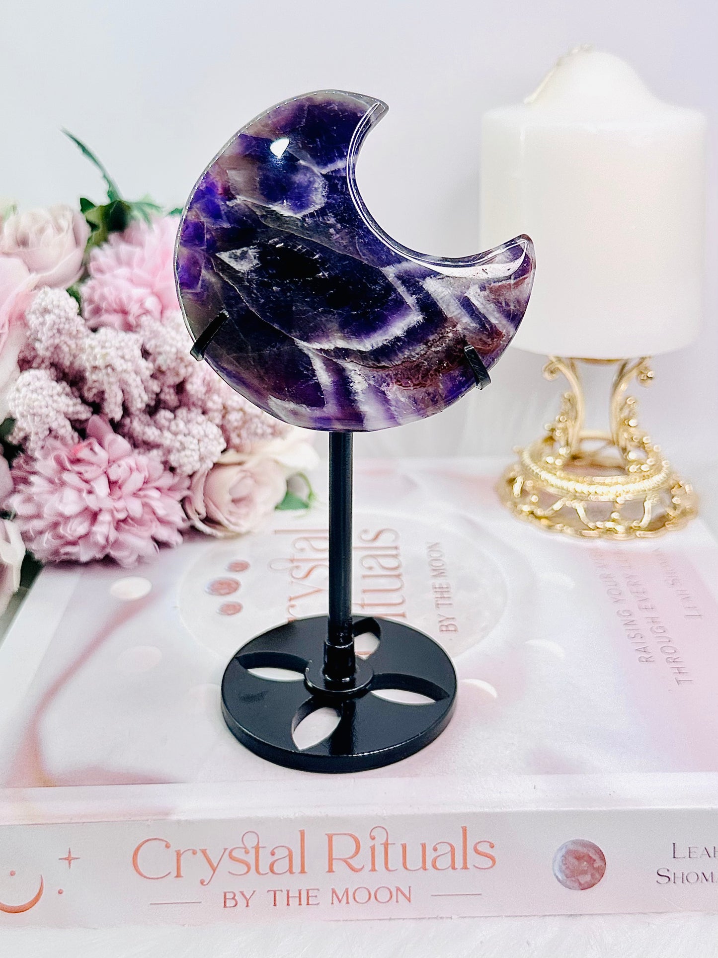 Stunning Dream | Chevron Amethyst Chunky Carved Moon On Stand 16.5cm