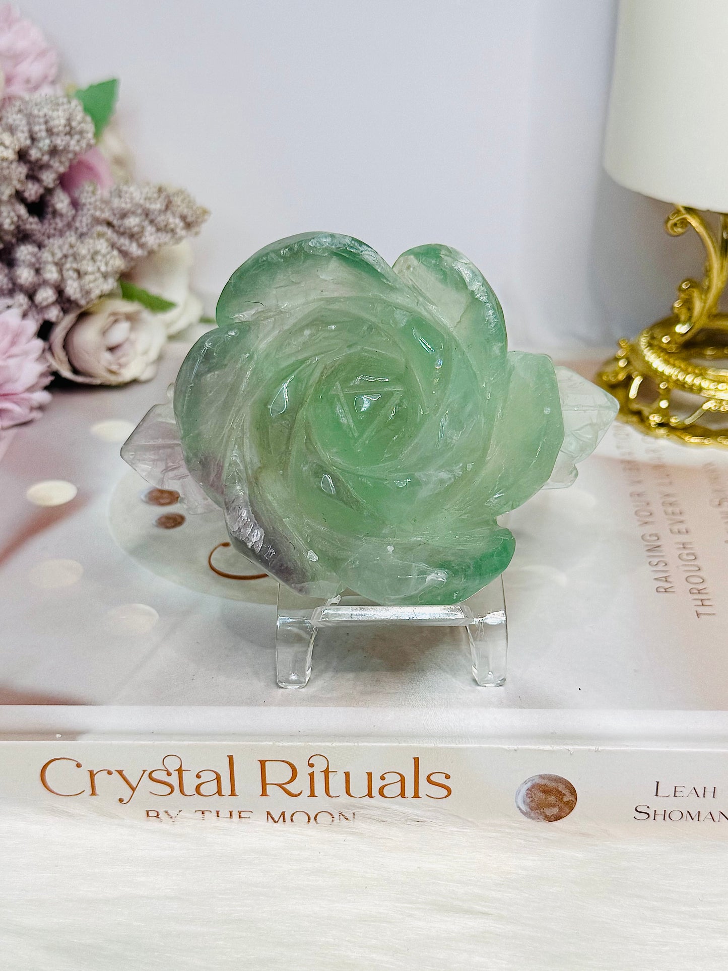 Watermelon Fluorite Carved Flower | Rose On Stand 10cm 250g