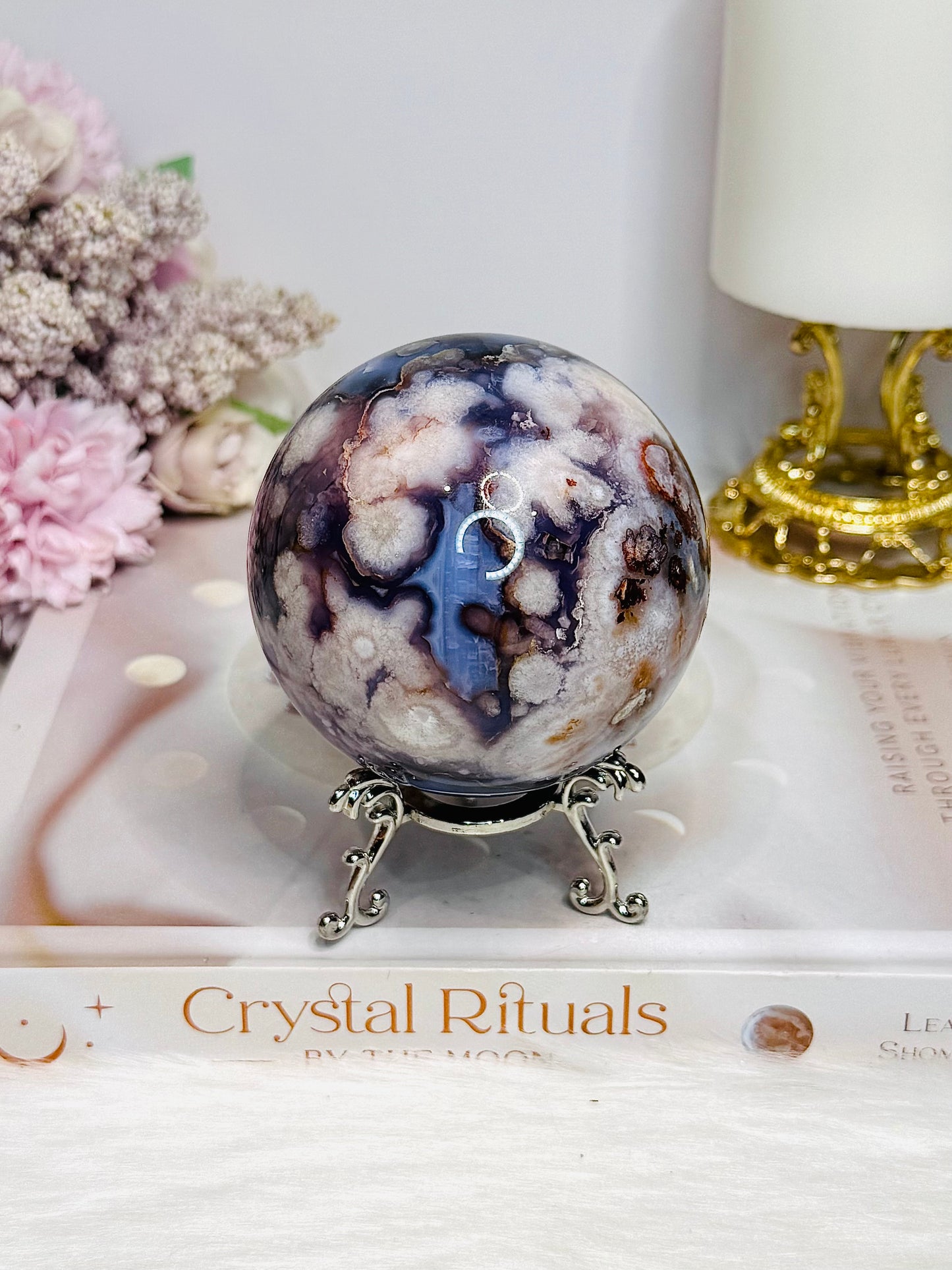 Large Blue Flower Agate | Cherry Blossom Druzy Sphere on Stand 482g