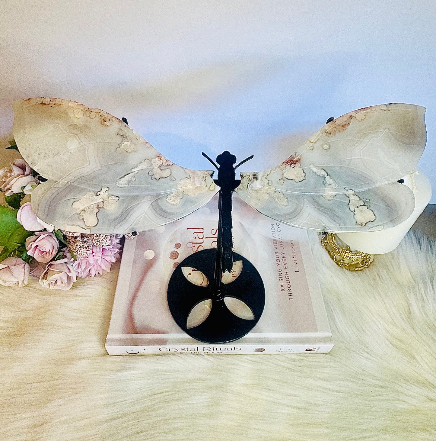 Masterpiece!!! Huge 27cm x 22cm Flower Agate Dragonfly Wings on Stand ~ Just Divine