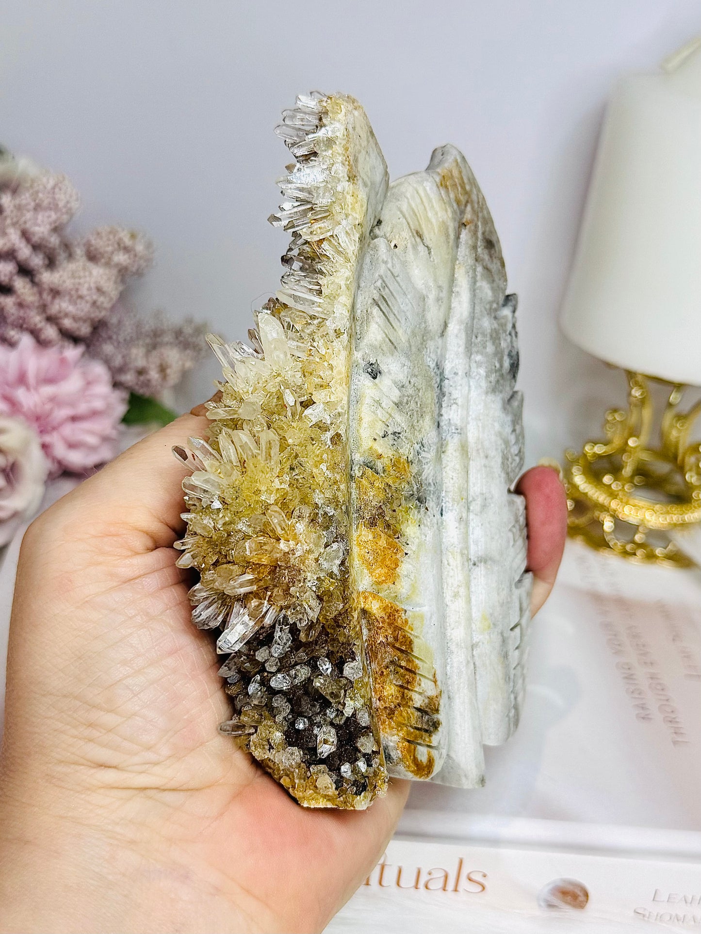 Large Druzy Quartz Carved Leaf on Stand 13cm 334g