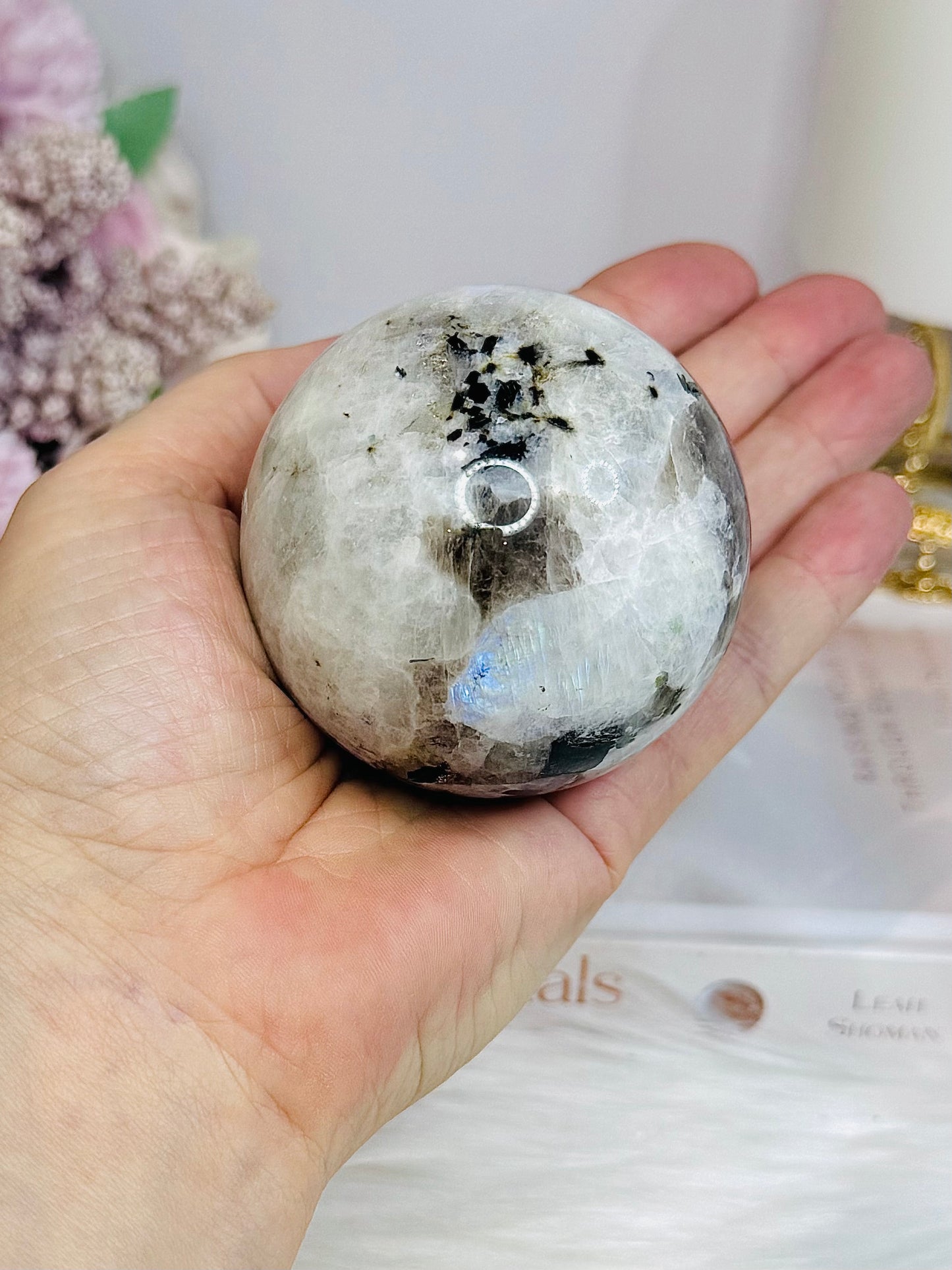 Rainbow Moonstone Sphere on Stand with Blue Flash 337g