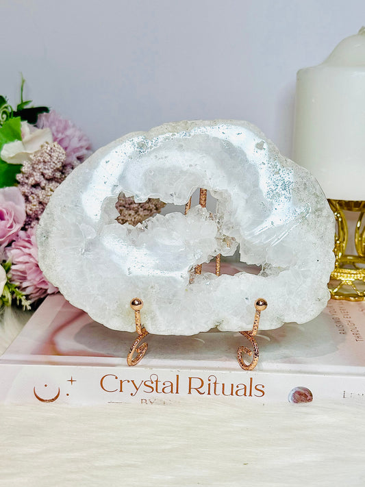 Clear Quartz Natural Druzy Slab 15cm on Glittery Rose Gold Stand