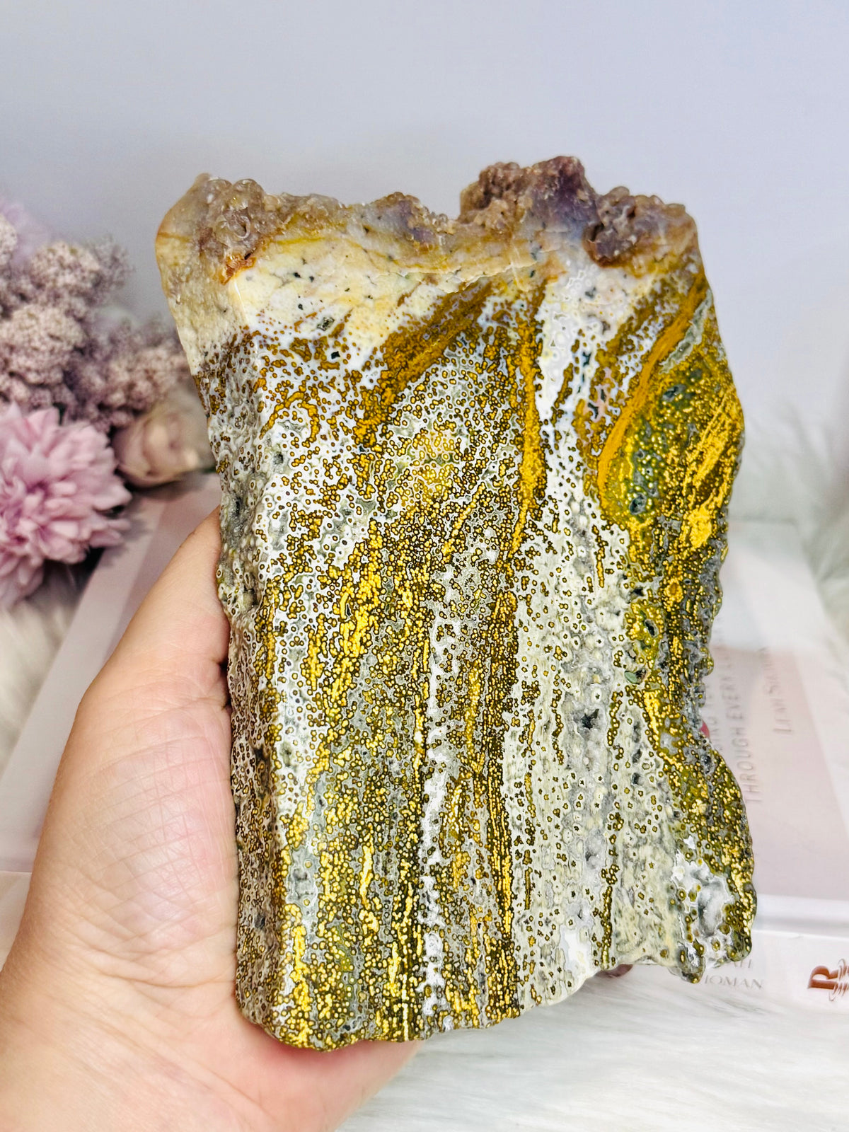 Large High Grade Ocean Jasper Druzy Slab On Stand 18cm 826g