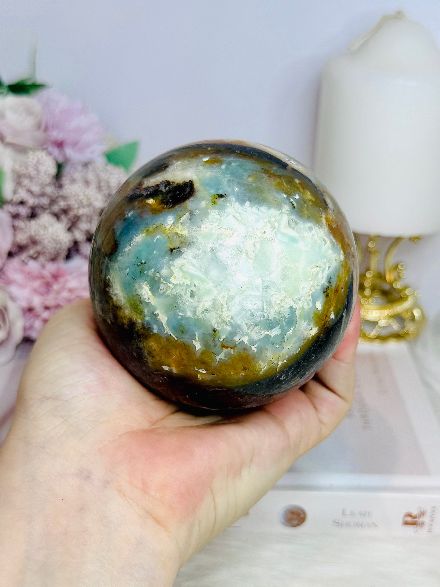 Large Sky Blue Quartz Sphere on Stand 853g