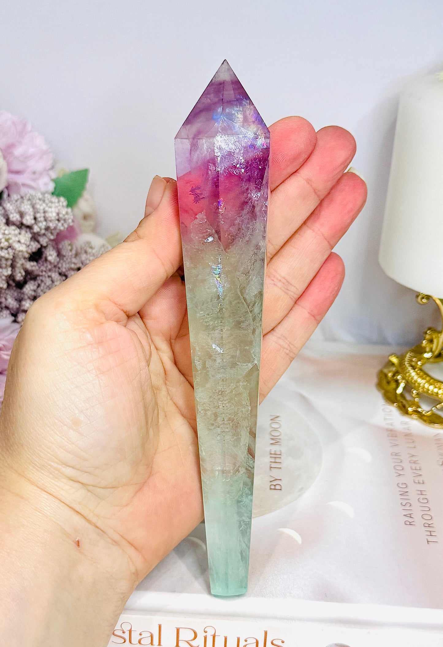 Watermelon Fluorite Wand | Tower with Rainbows  17.5cm
