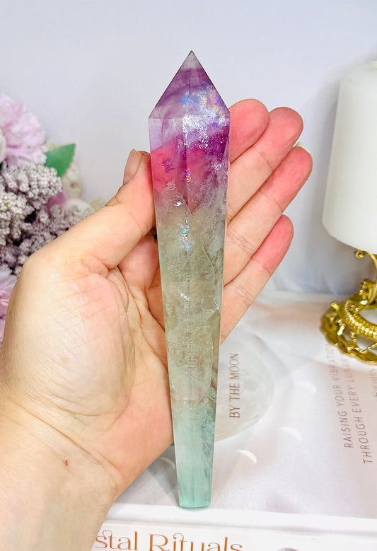 Watermelon Fluorite Wand | Tower with Rainbows  17.5cm