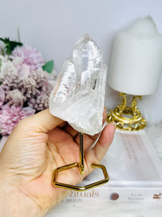 Clear Quartz Cluster on Gold Stand 13cm