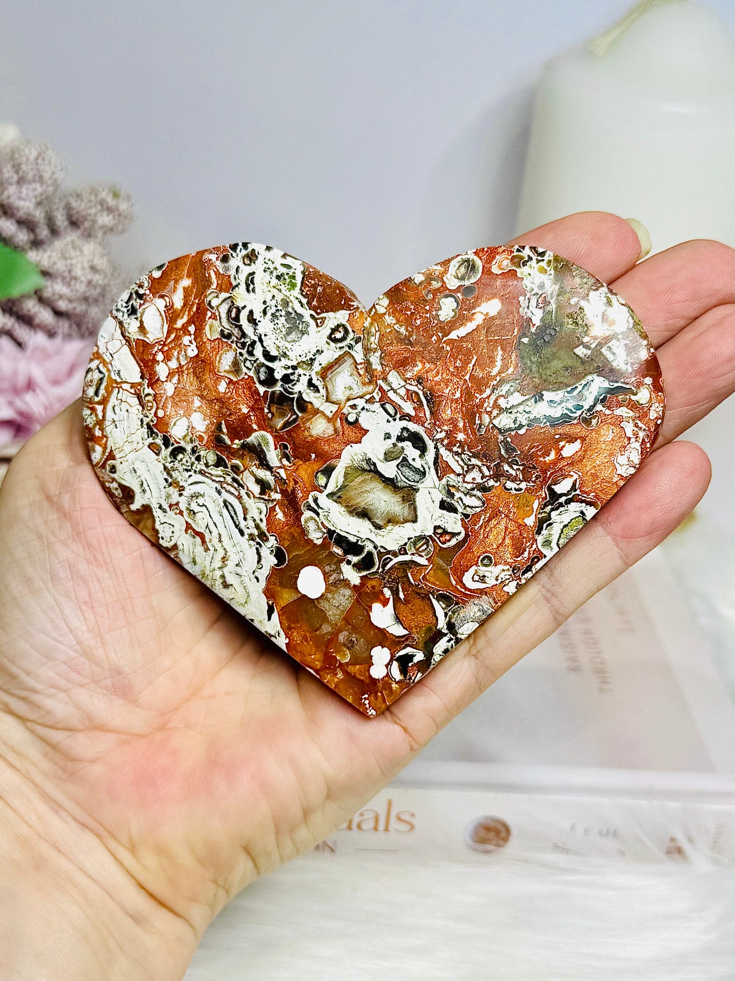 Large Money Agate Carved Heart On Stand 10.5cm