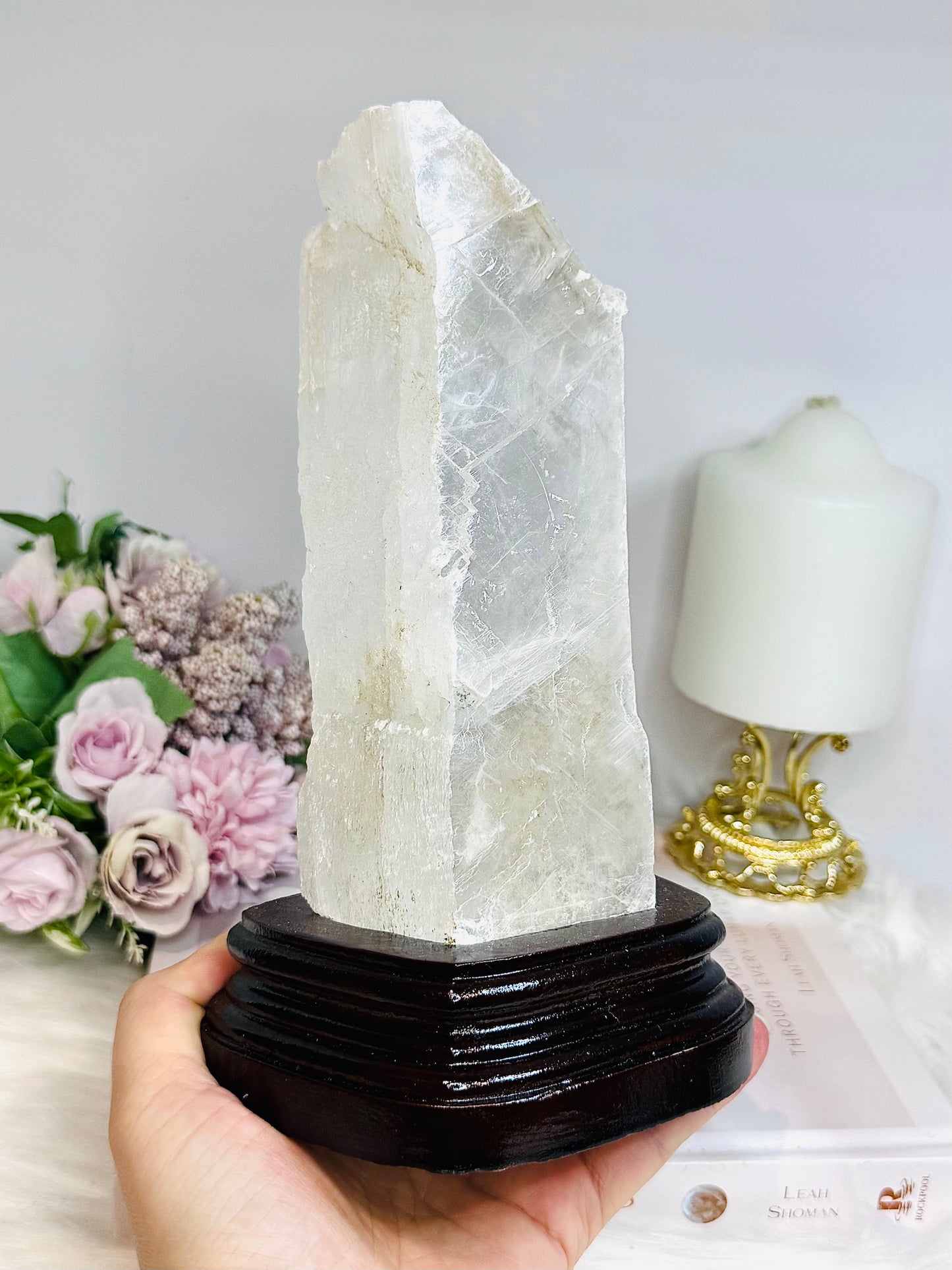Large Natural Selenite On Timber Stand 21cm 1.1KG