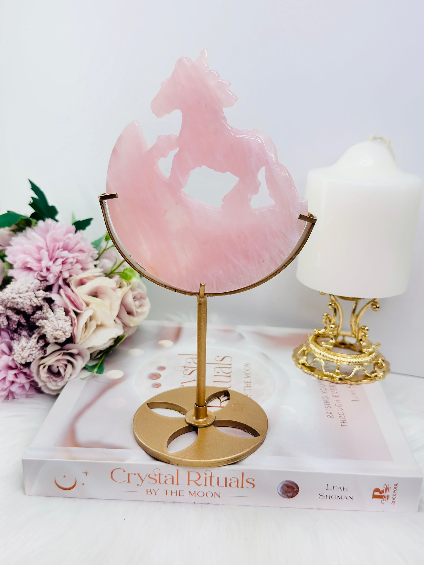 Gorgeous Rose Quartz Carved Rocking Horse On Gold Stand Tall 21cm