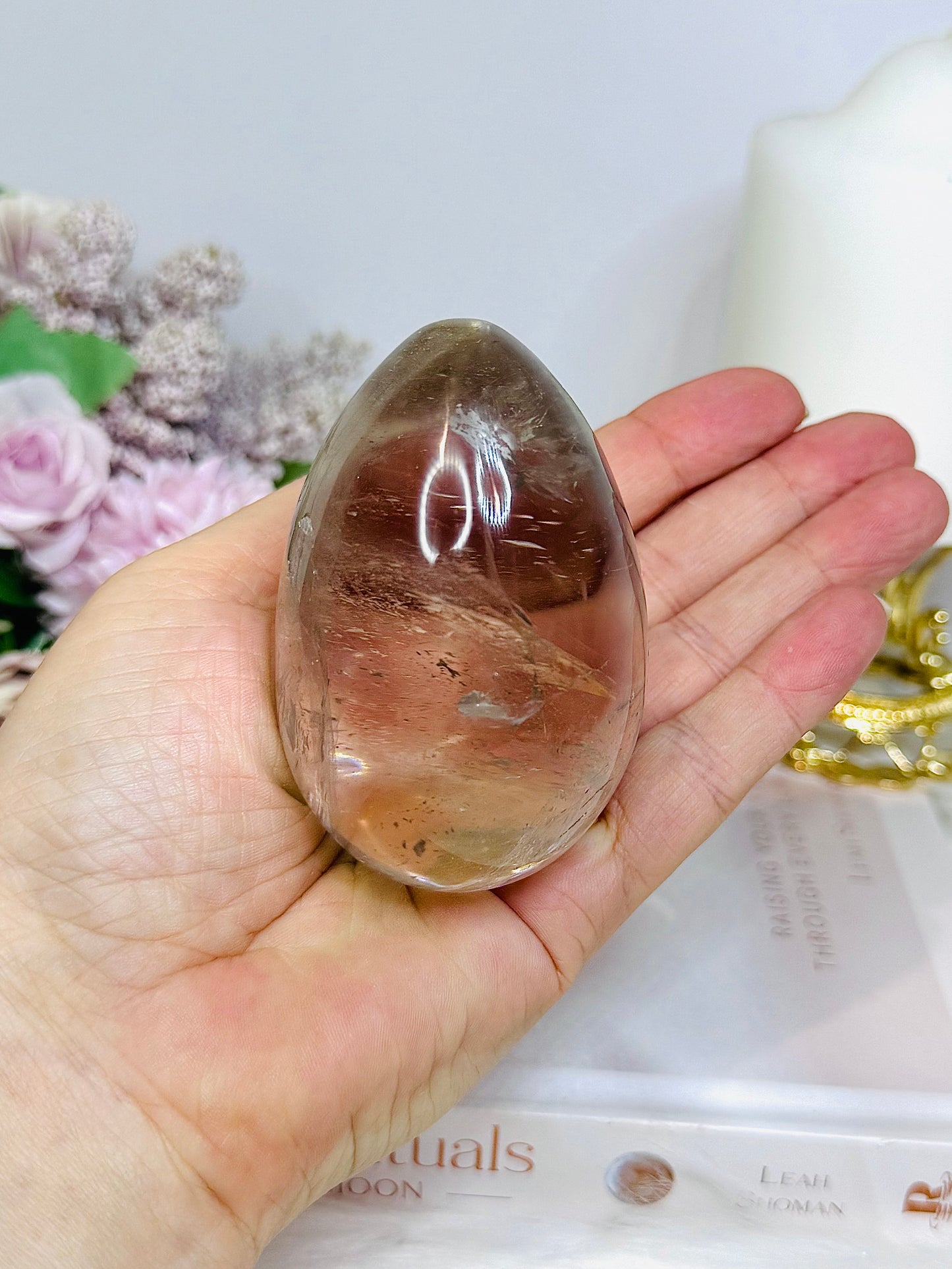 Large Quartz Egg On Stand with Rainbows 280g