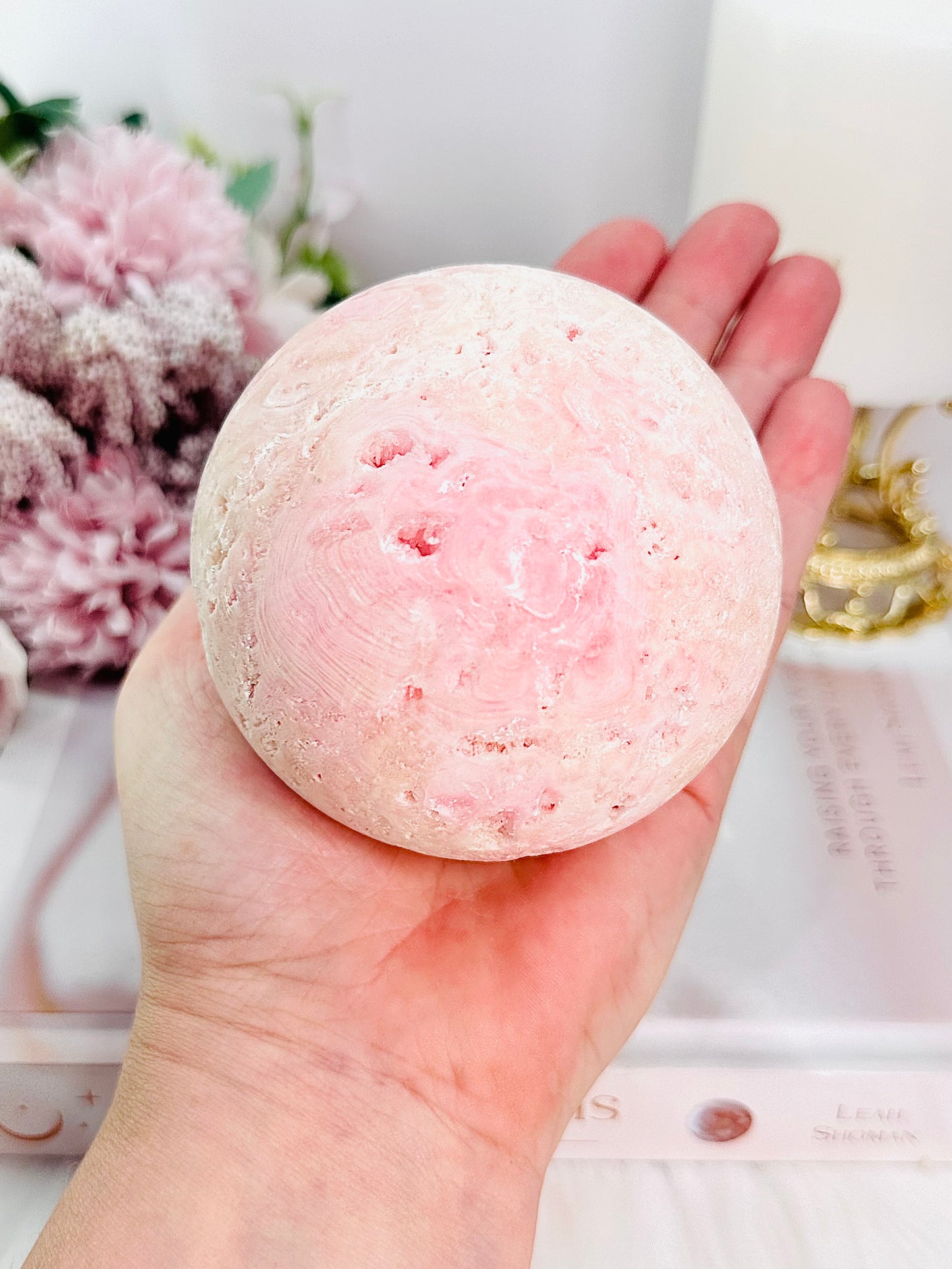 Stunning Large 621gram Natural Druzy Pink Aragonite Sphere On Stand