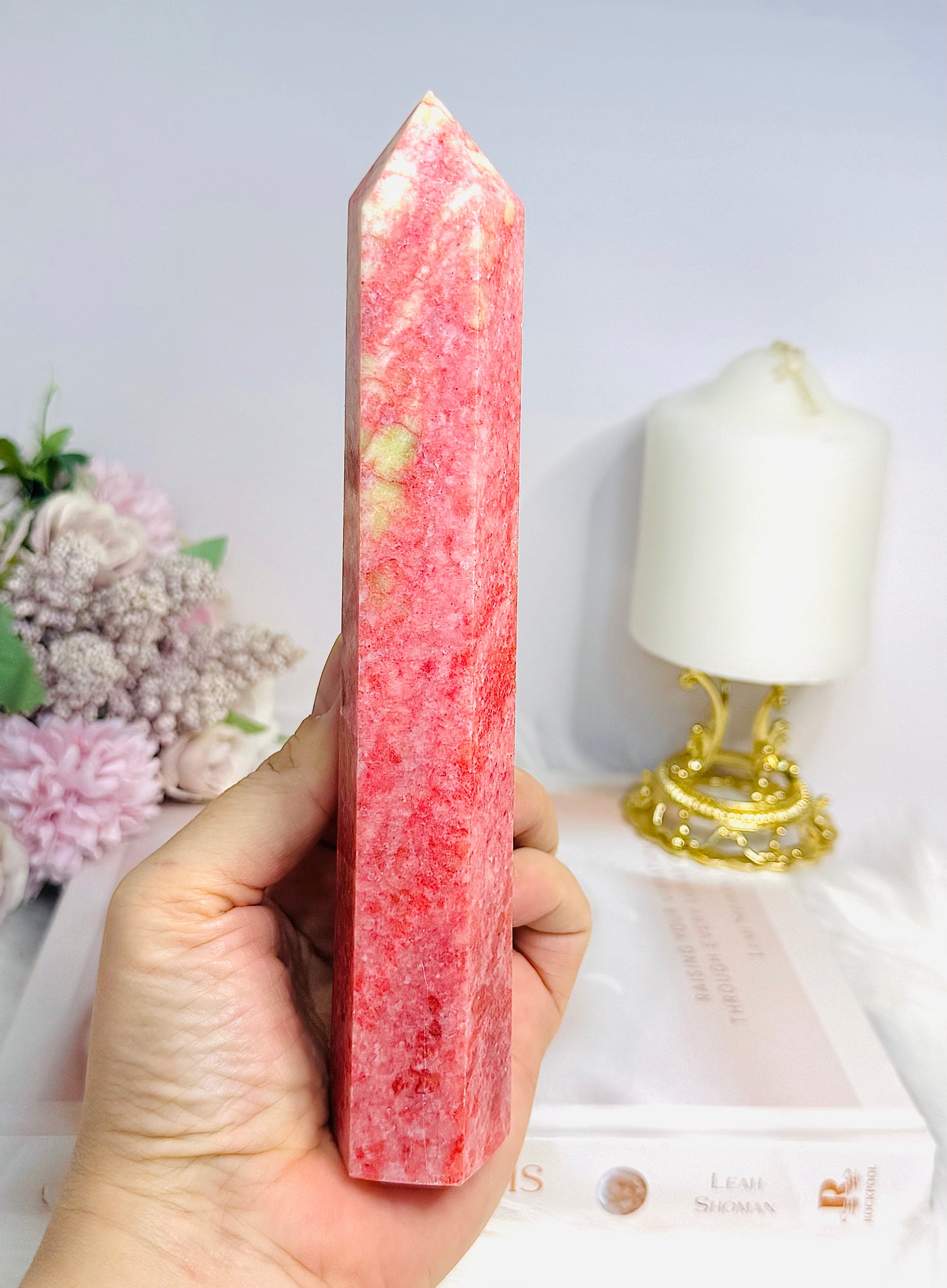 Rare Large Thulite Tower with Epidote Inclusions 20cm