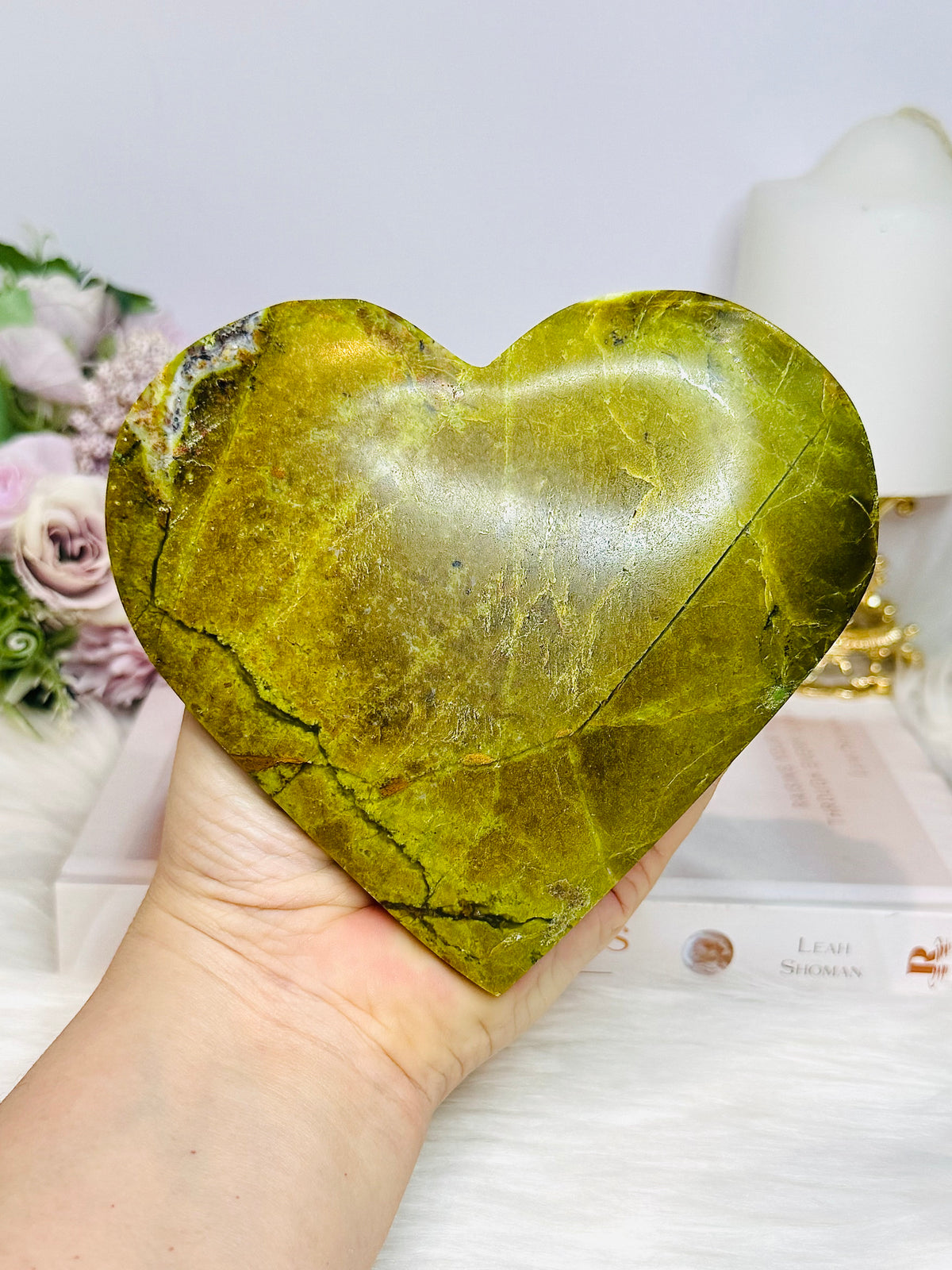 Large Green Opal Heart on Stand 13cm