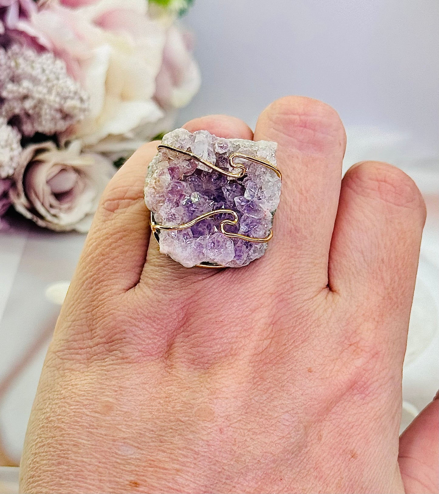 The Most Exquisite High Grade Druzy Amethyst Gold Plated Adjustable Ring From Brazil