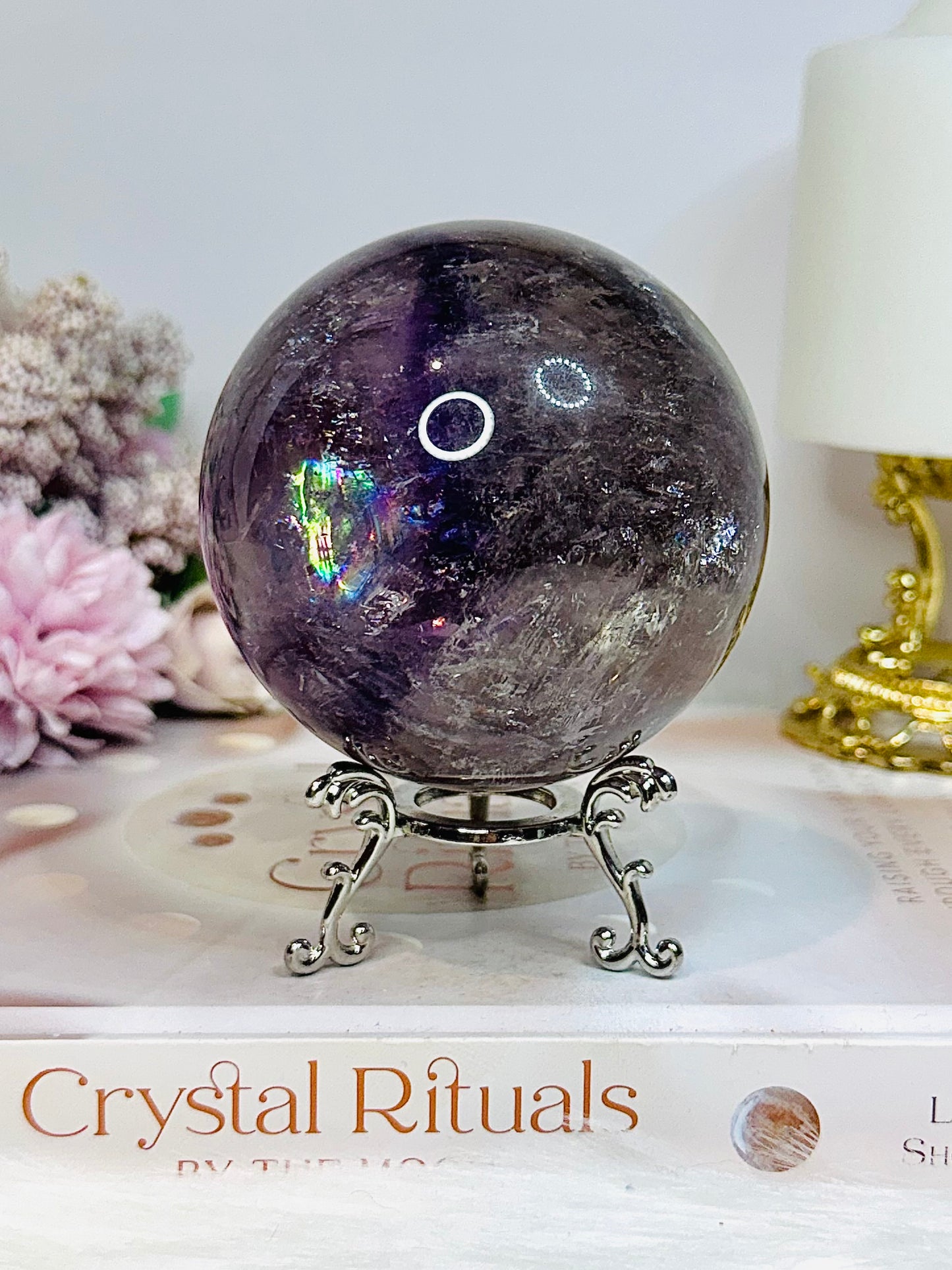 Large High Grade Phantom Amethyst Sphere with Rainbows On Stand 665g