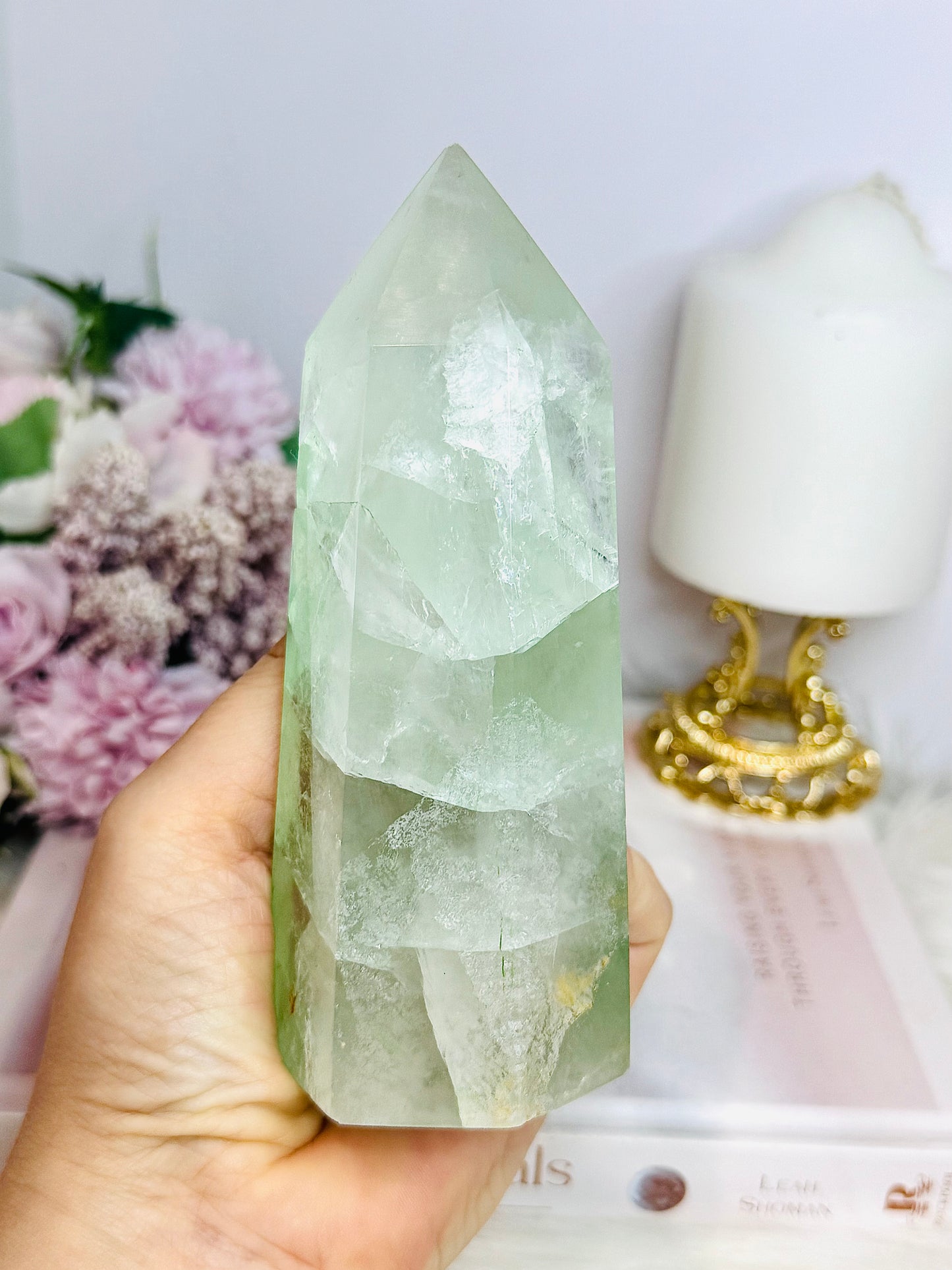 High Grade Light Green Fluorite Tower with Rainbows 14cm 551g