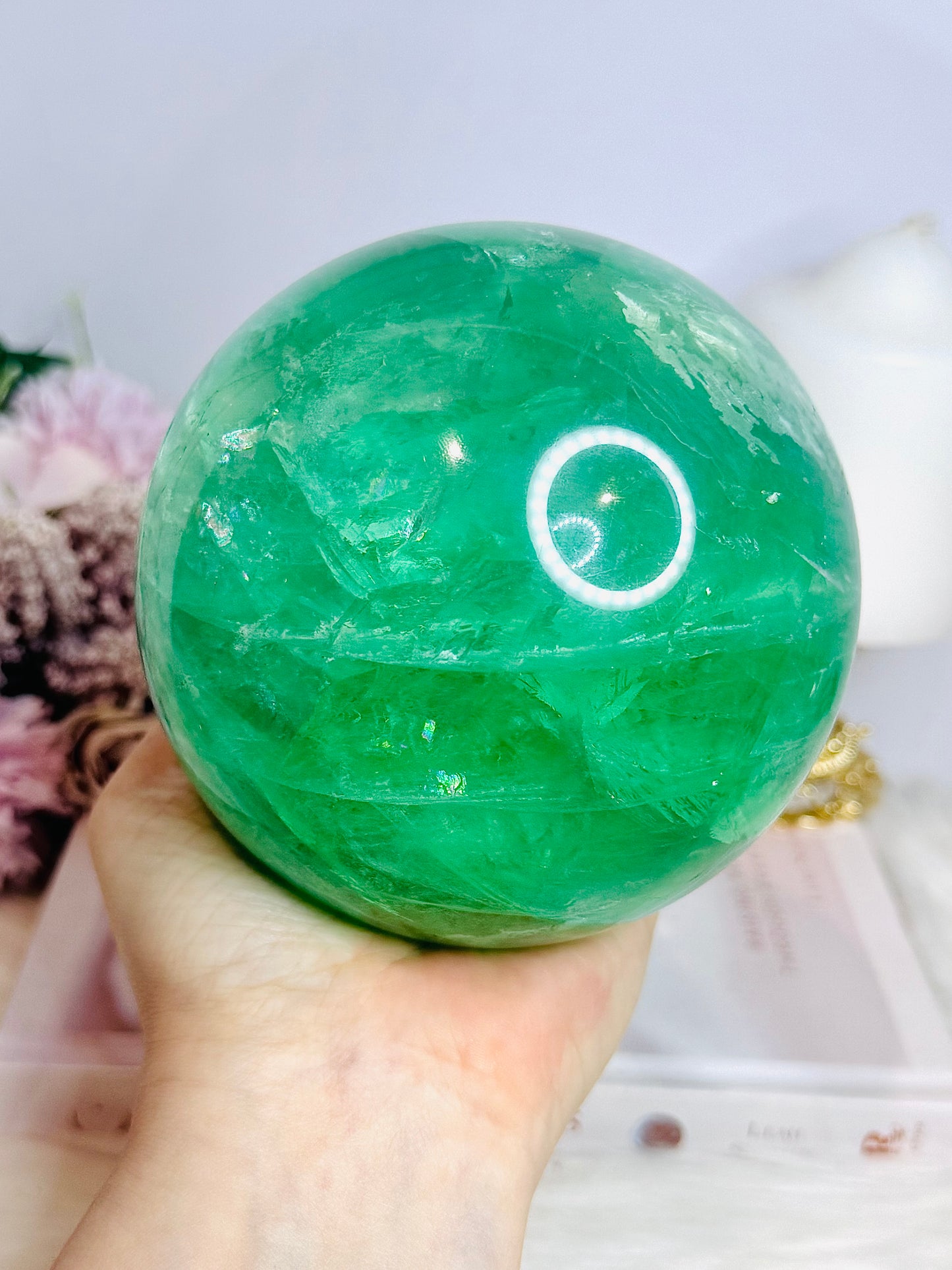 Huge High Grade Green Fluorite Sphere with Rainbows on Stand 2.4KG