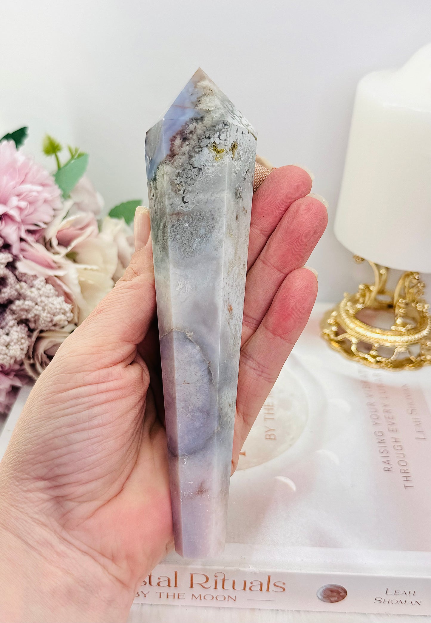 Beautiful Tall Natural Agate Carved Wand | Tower 18cm Tall Including Stand