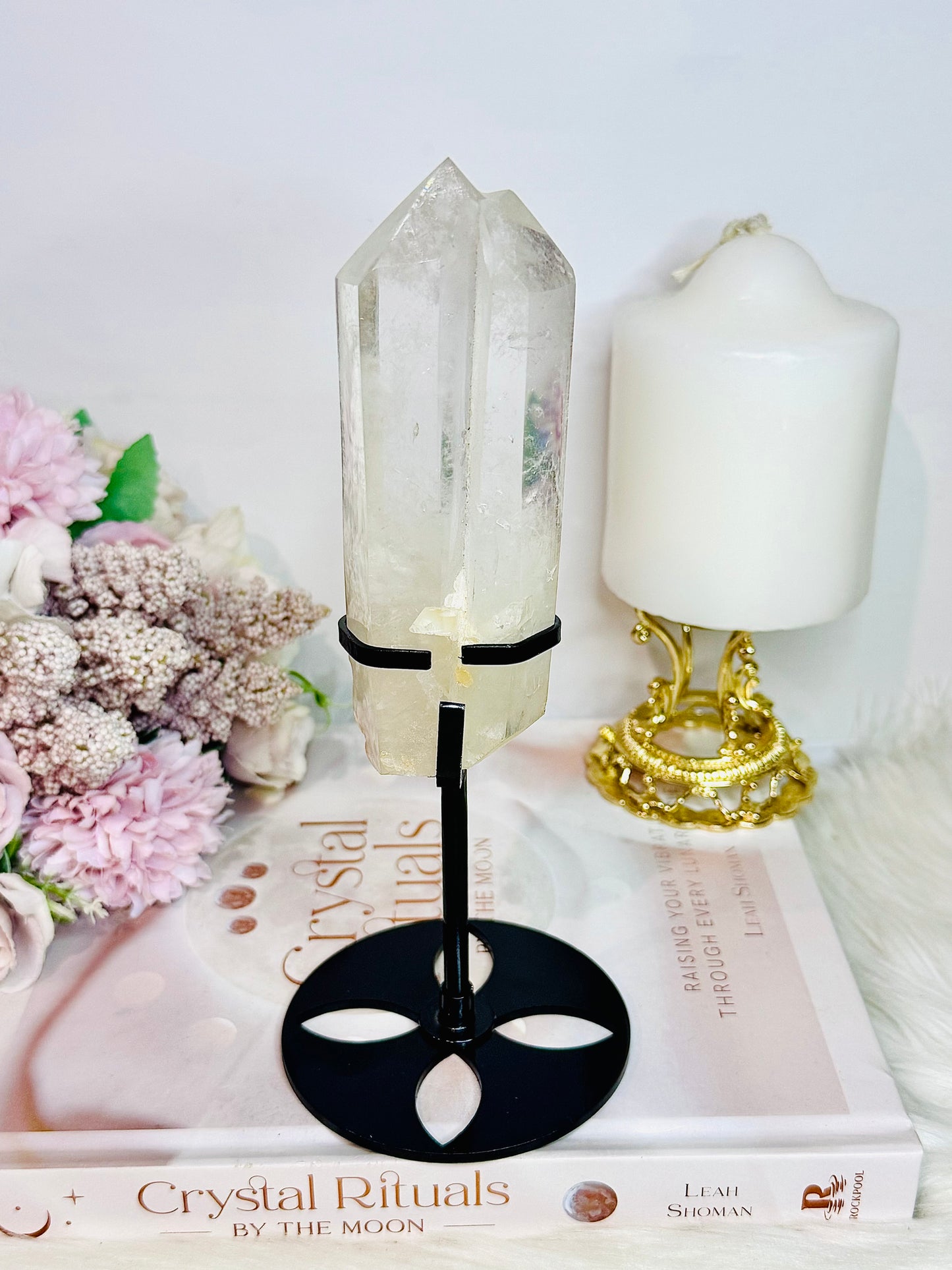 Clear Quartz Double | Twin Tower On Black Stand 17cm