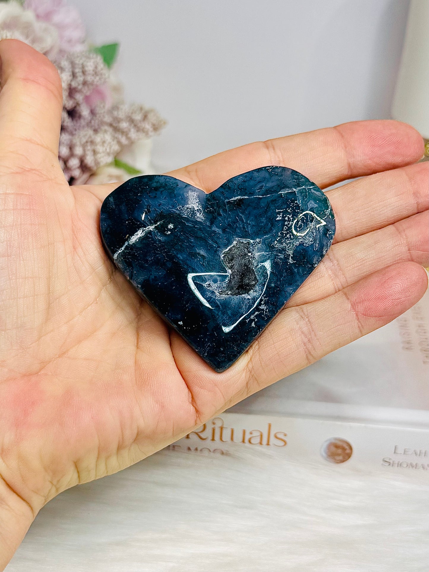 Druzy Moss Agate Carved Moon
