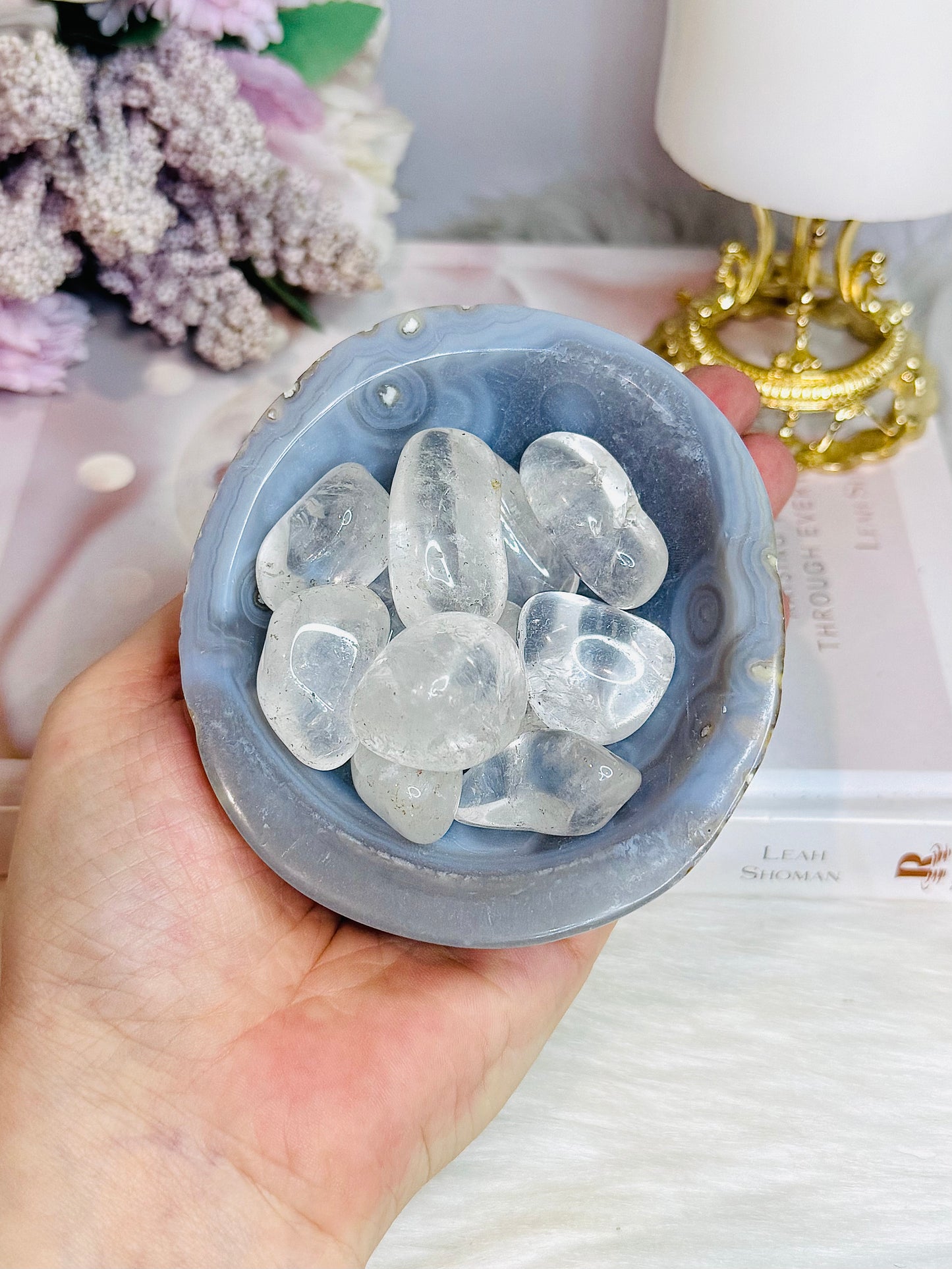 Natural Agate Carved Bowl Filled with Clear Quartz Tumbles 443g