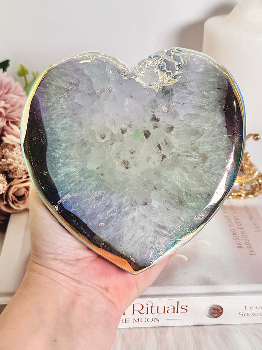 Incredible Large 14cm Angel Aura Agate Carved Heart On Stand