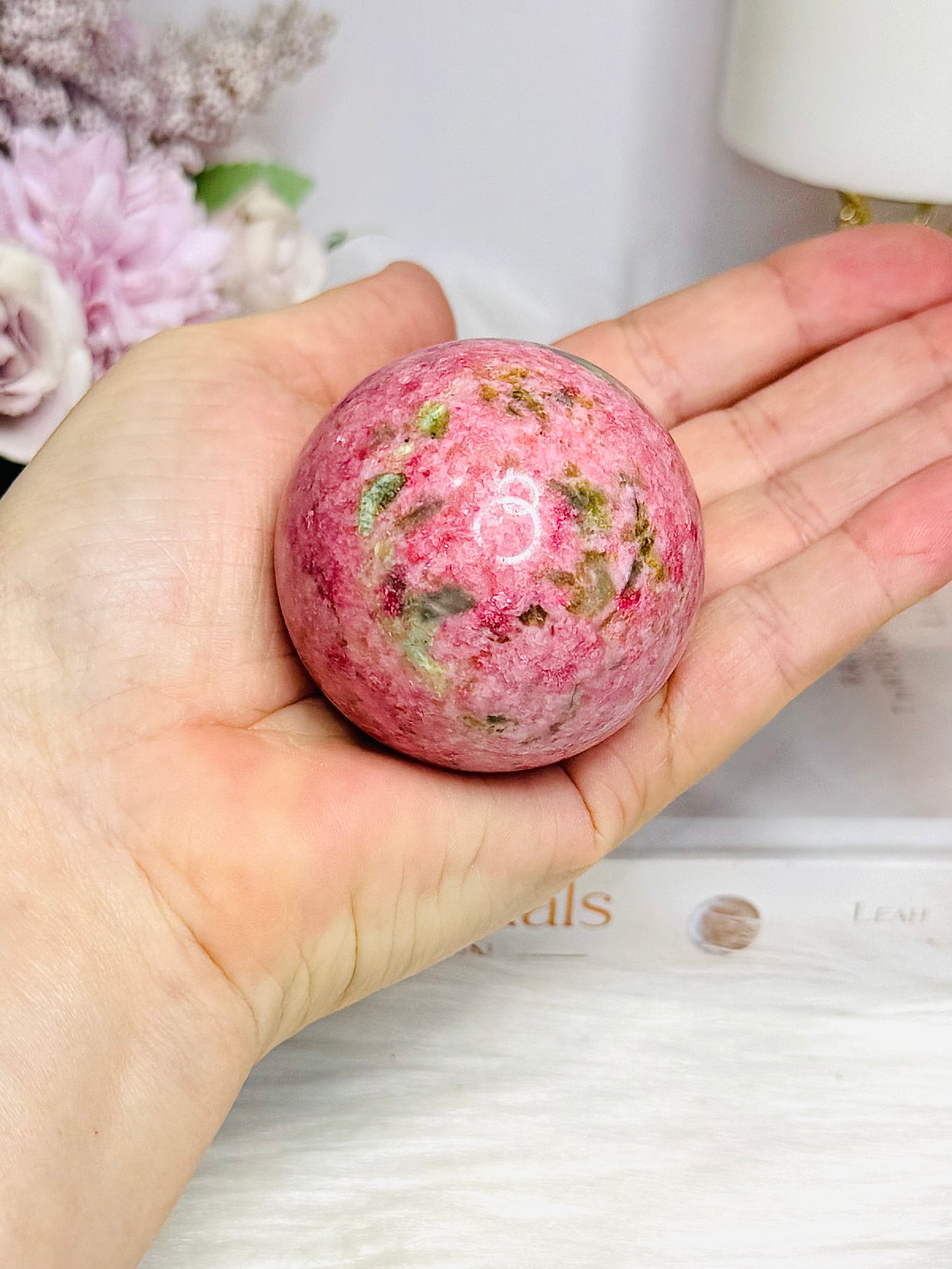 Thulite Sphere with Epidote 204g On Stand