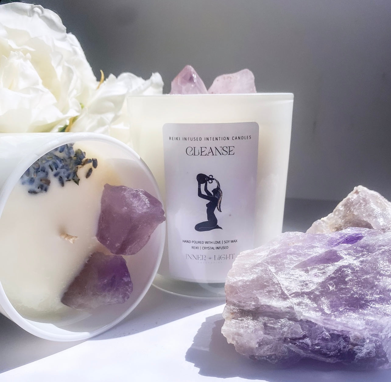 ‘Cleanse’ - Reiki + Amethyst Infused Candle ~ This Large Candle Is The Perfect way to clear your space and Protect yourself from Negative Energy