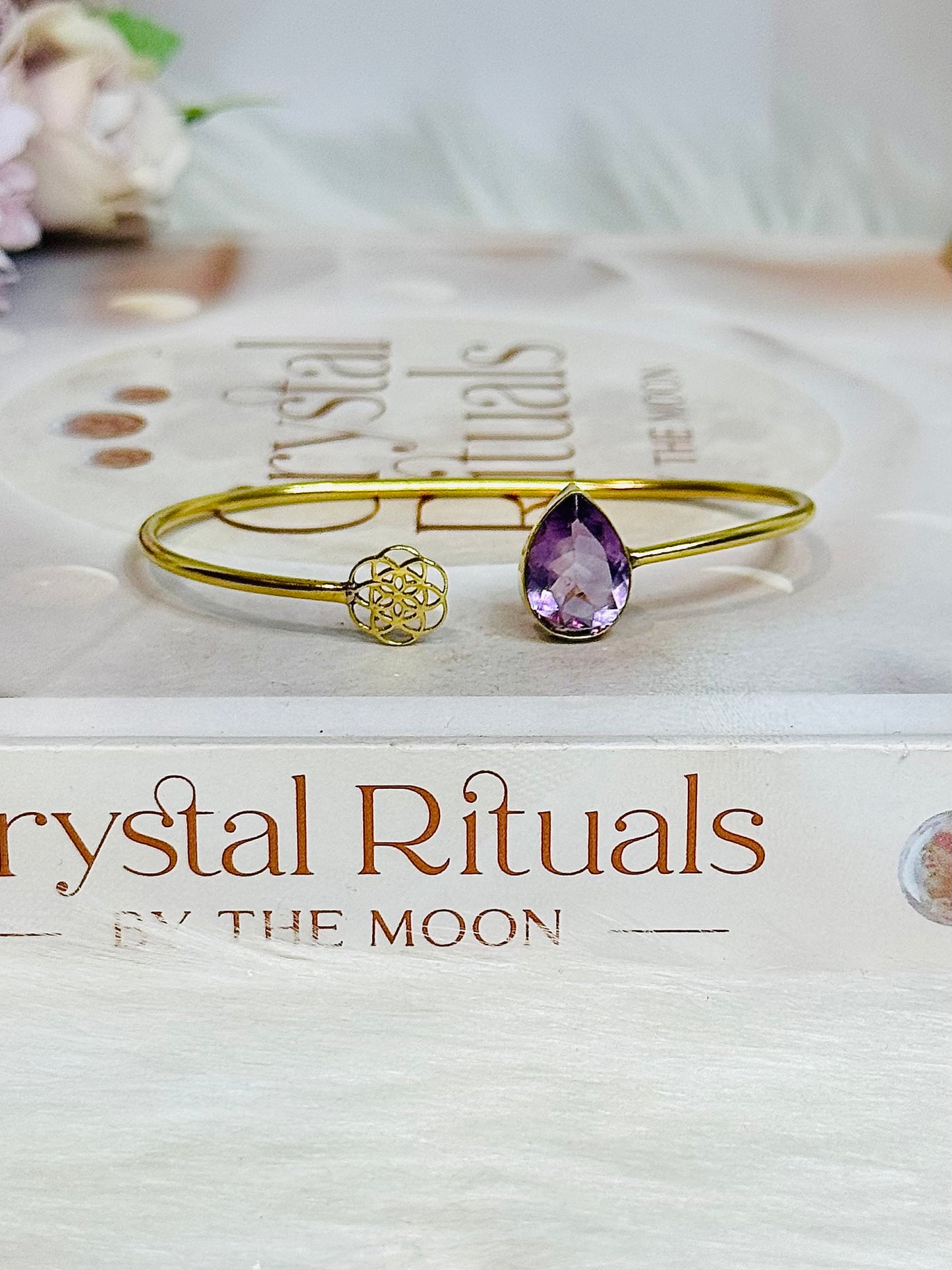 Brass & Amethyst Flower of Life Bangle