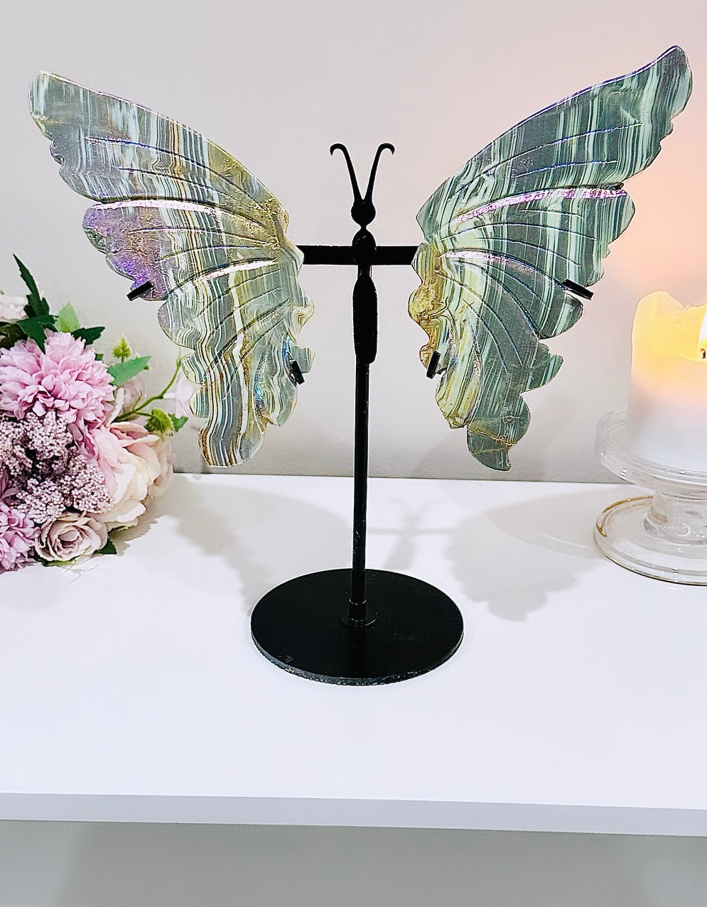 ⚜️ SALE ⚜️ WOWOWOWOW!!!! A Spectacular Piece!!!! Large 27cm (Inc Stand) Aura Calcite Butterfly Wings On Stand