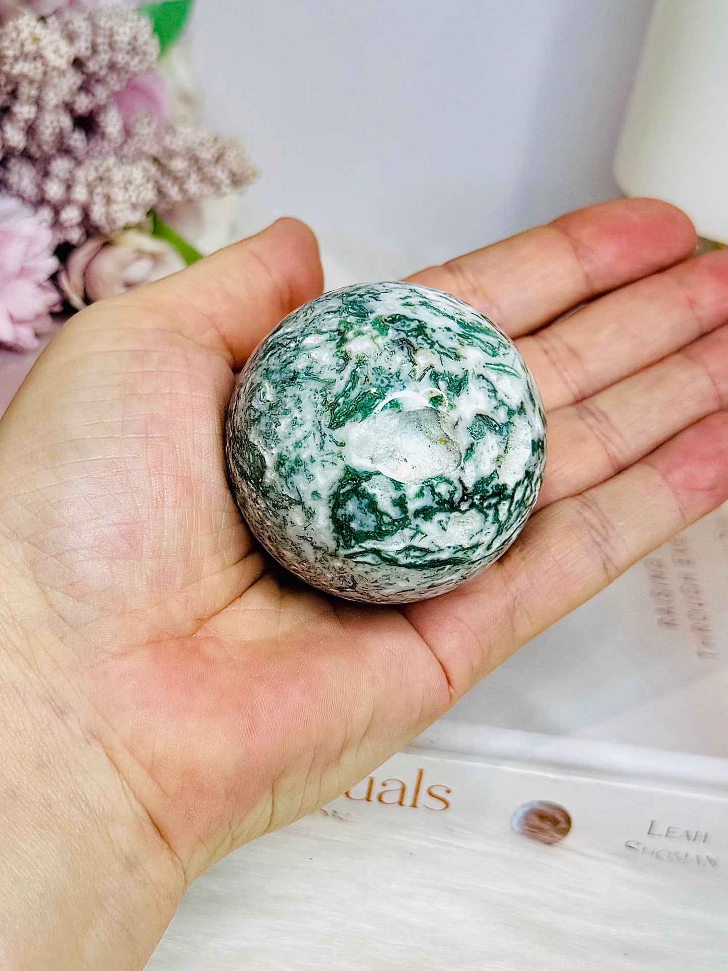 Druzy Moss Agate Sphere On Stand 172g