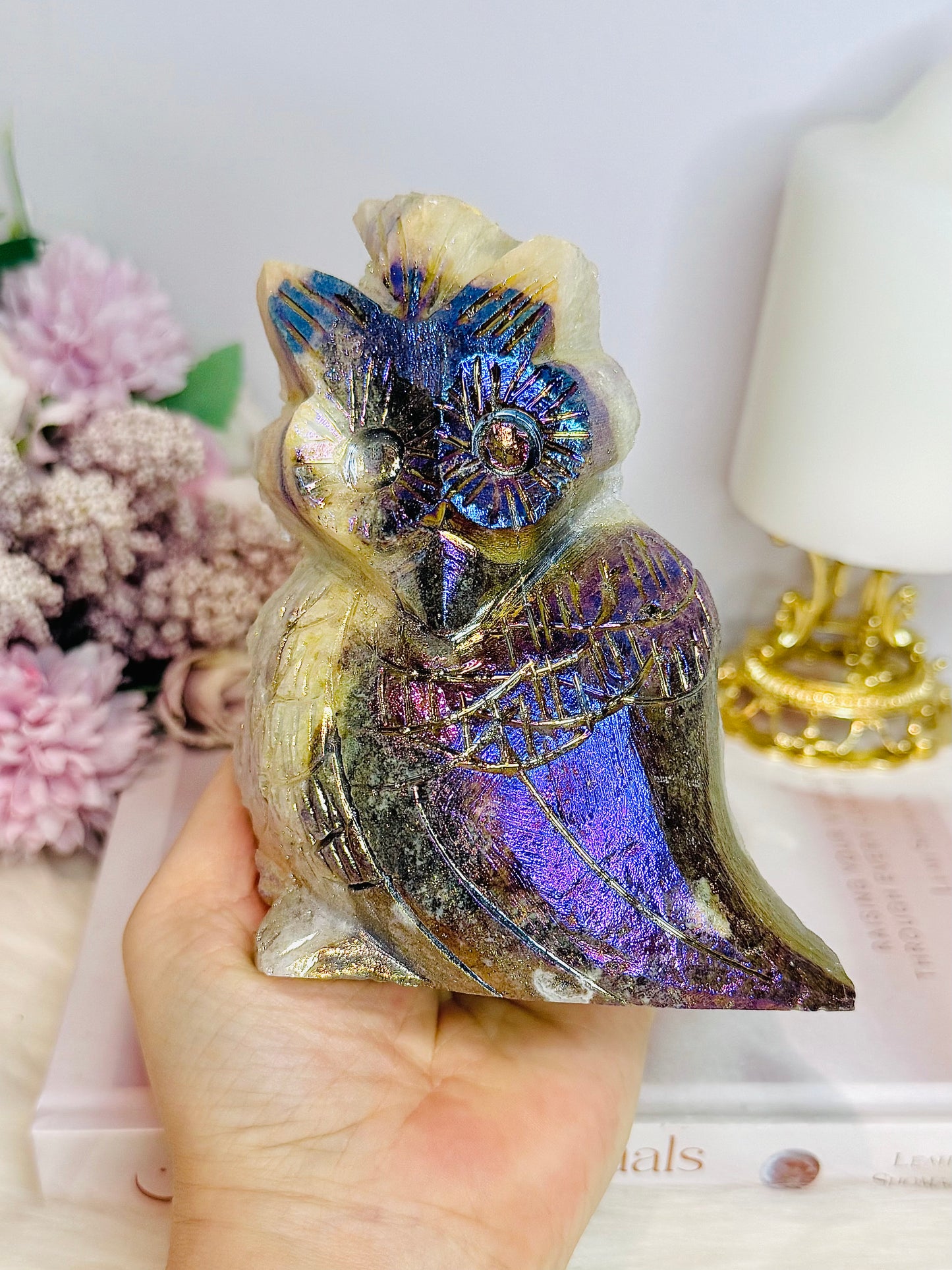 Large 683gram Aura Quartz Owl ~ See Back For Amazing Cluster Detail