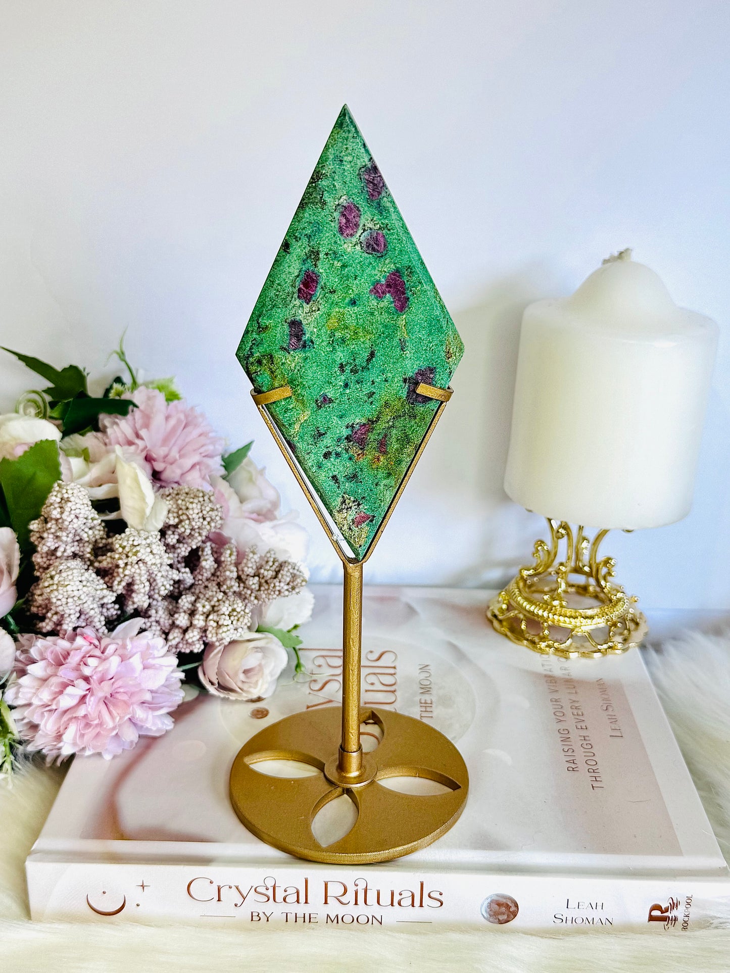 High Grade Absolutely Stunning 22.5cm Ruby In Fuchsite Diamond on Gold Stand