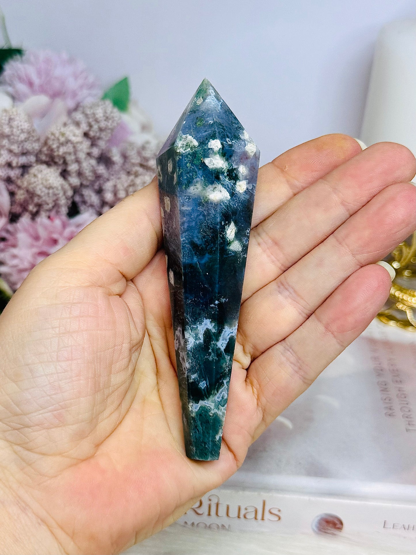Moss Agate Tower | Wand on Stand 14cm