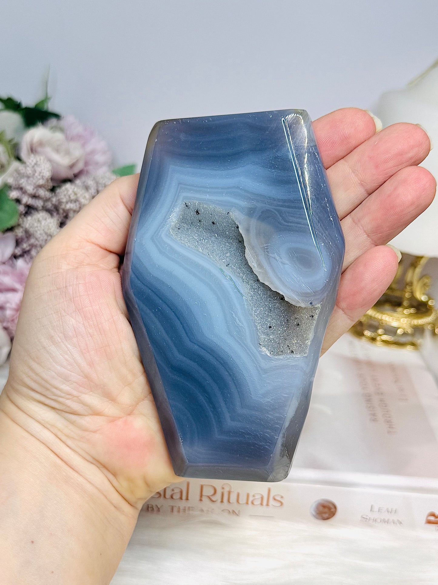Druzy Agate Carved Coffin 12.5cm On Stand