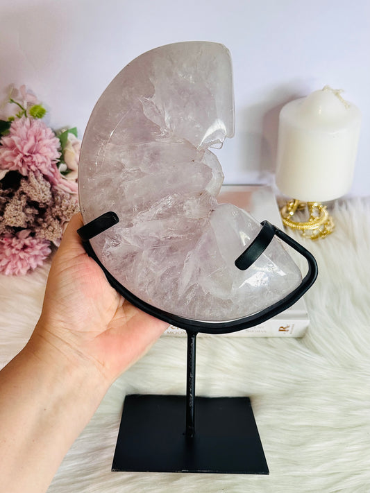 ⚜️ SALE ⚜️ Huge 1.96KG Amethyst Carved Druzy Moon On Custom Stand From Brazil ~ 25cm (inc stand)