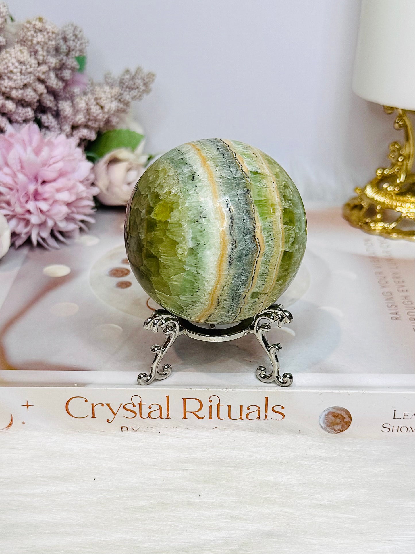 Green Calcite Sphere on Stand 338g