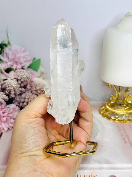 Clear Quartz Natural Tower on Gold Stand 14cm