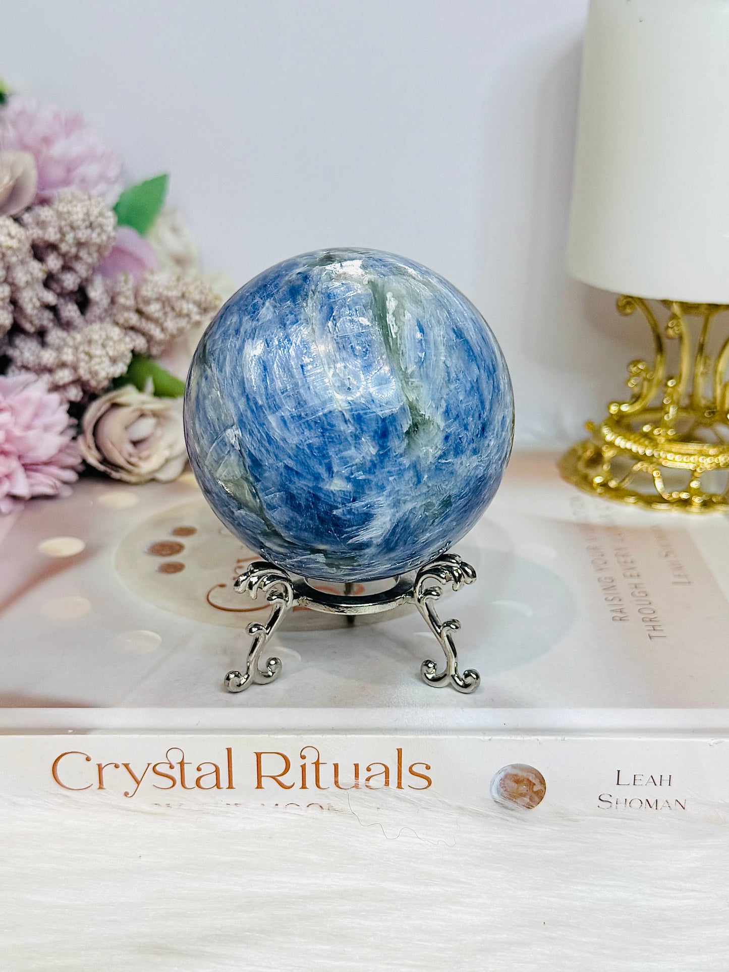 Blue Kyanite Sphere on Stand 560g On Stand