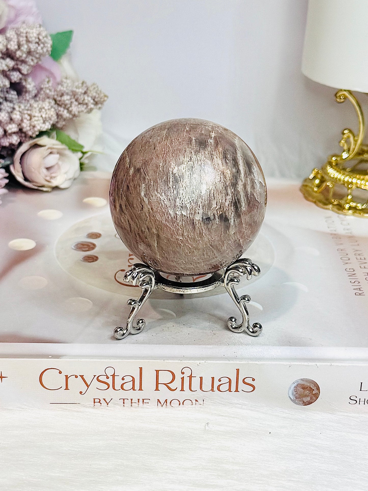High Grade Moonstone X Sunstone Sphere On Stand 253g