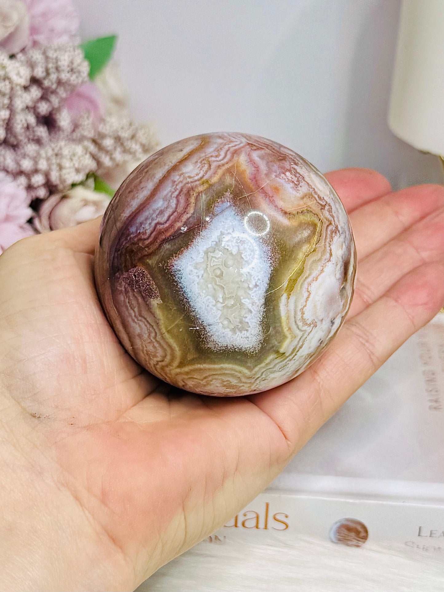 Large Mexican Crazy Lace Agate Druzy Sphere on Stand 376g