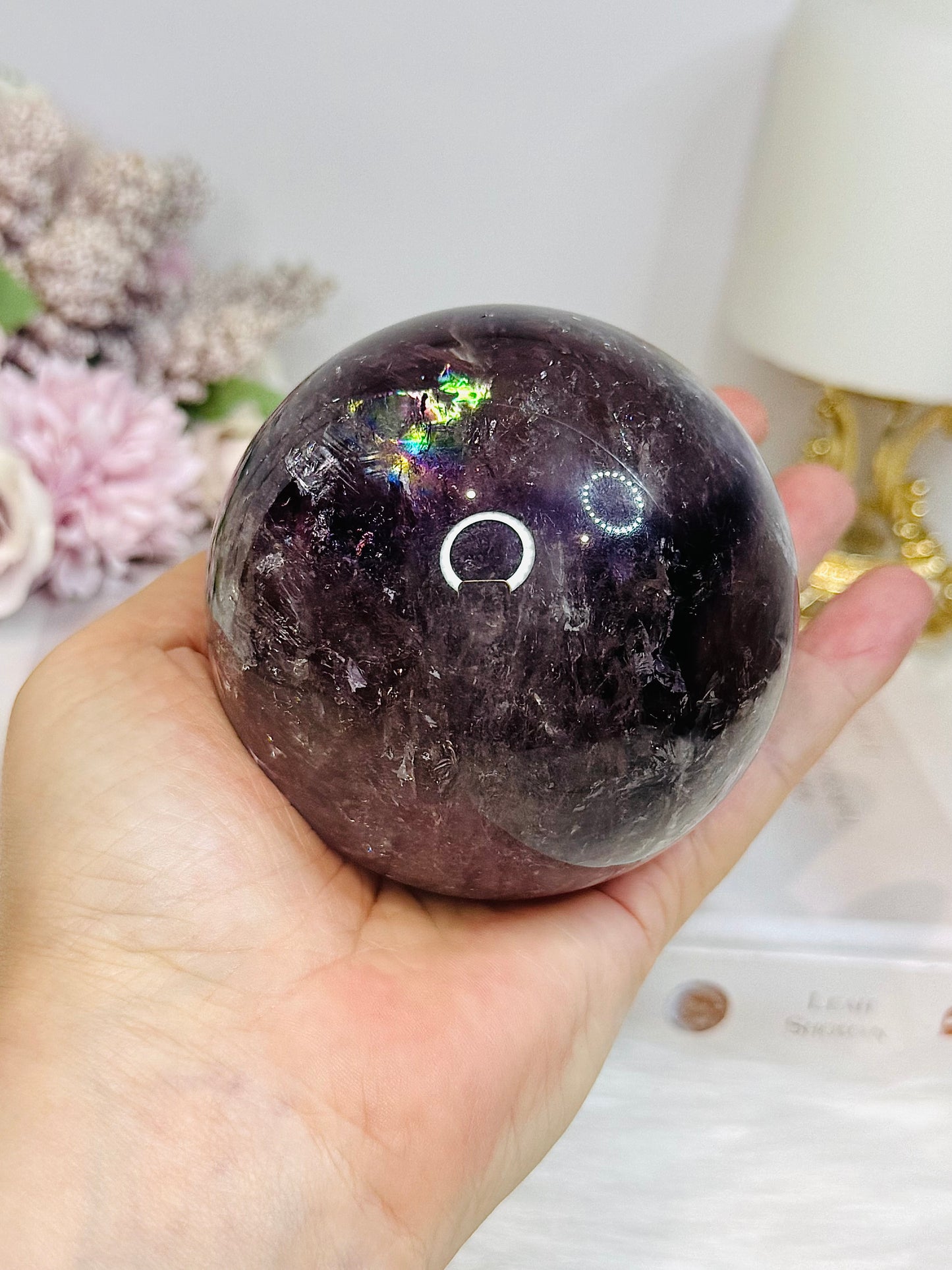 Large High Grade Phantom Amethyst Sphere with Rainbows On Stand 665g