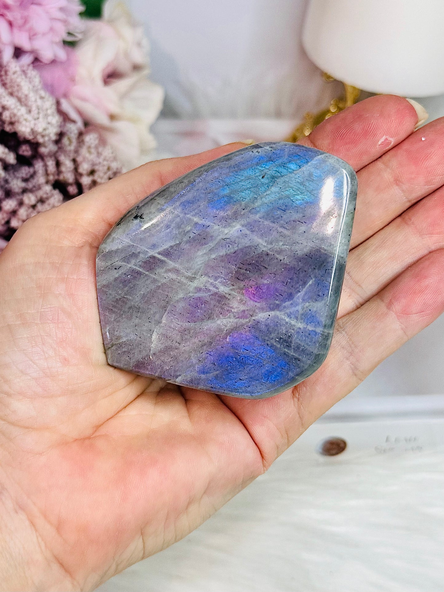 Natural Labradorite Polished Freeform With Gorgeous Pink Purple & Blue Flash 7cm