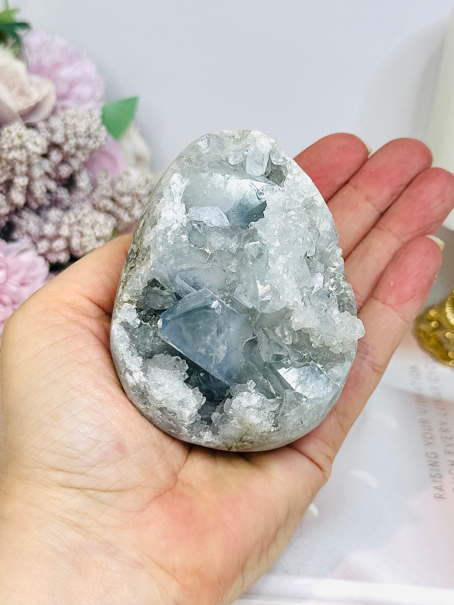 Large Blue Celestite Egg On Stand 521g
