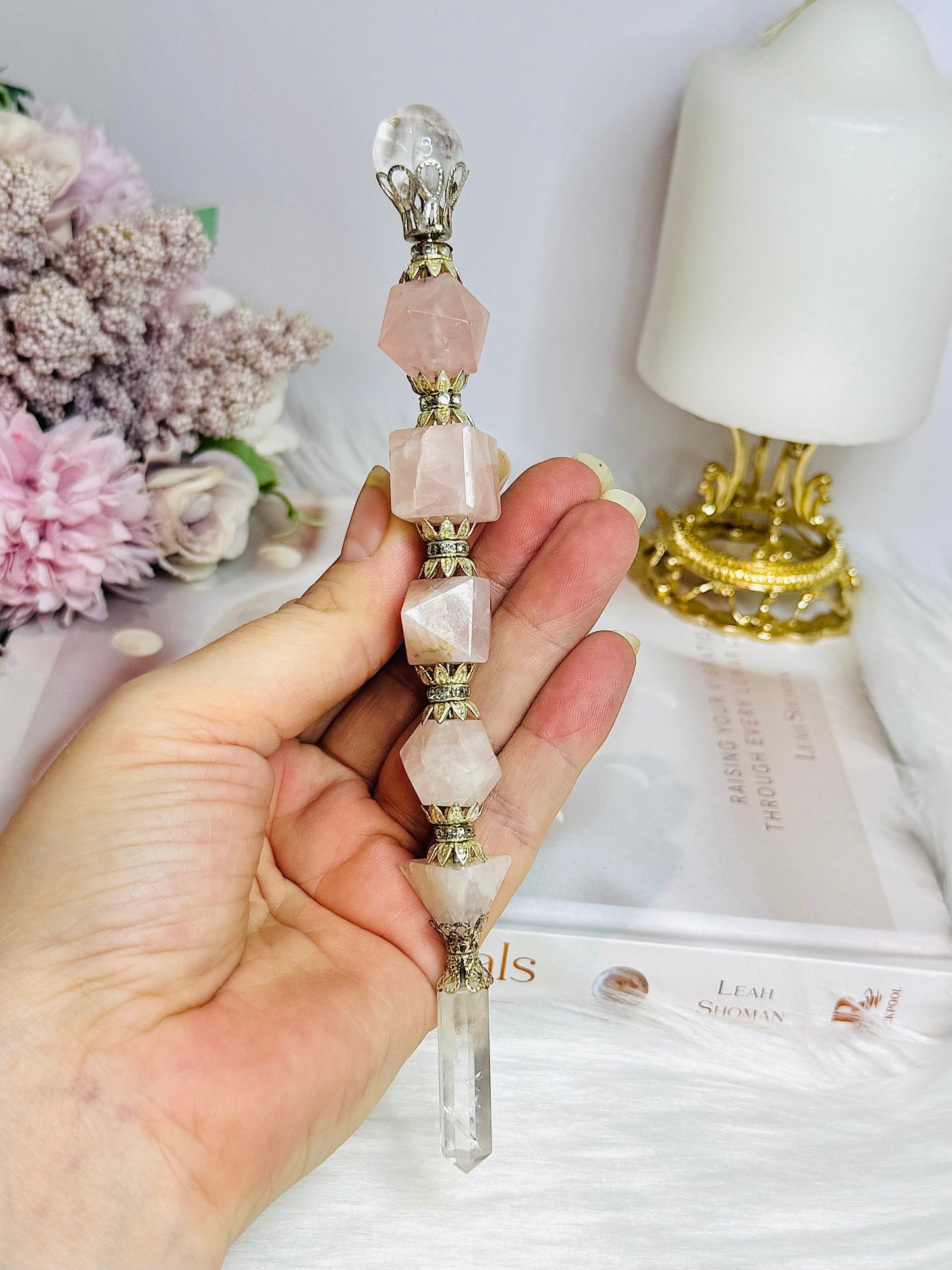Magical Large Rose Quartz Geometric Wand 18cm