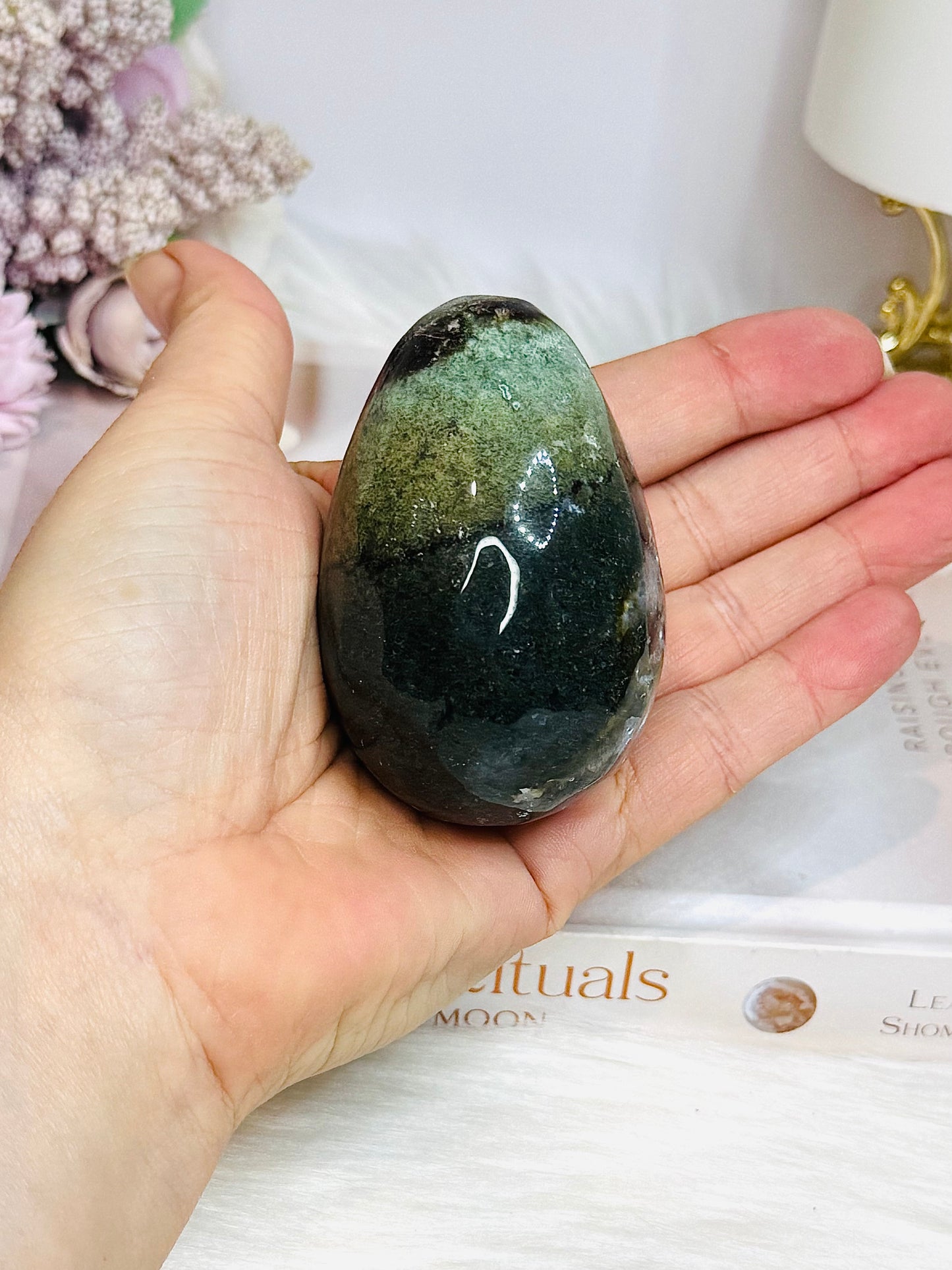 Moss Agate Egg On Stand 7cm